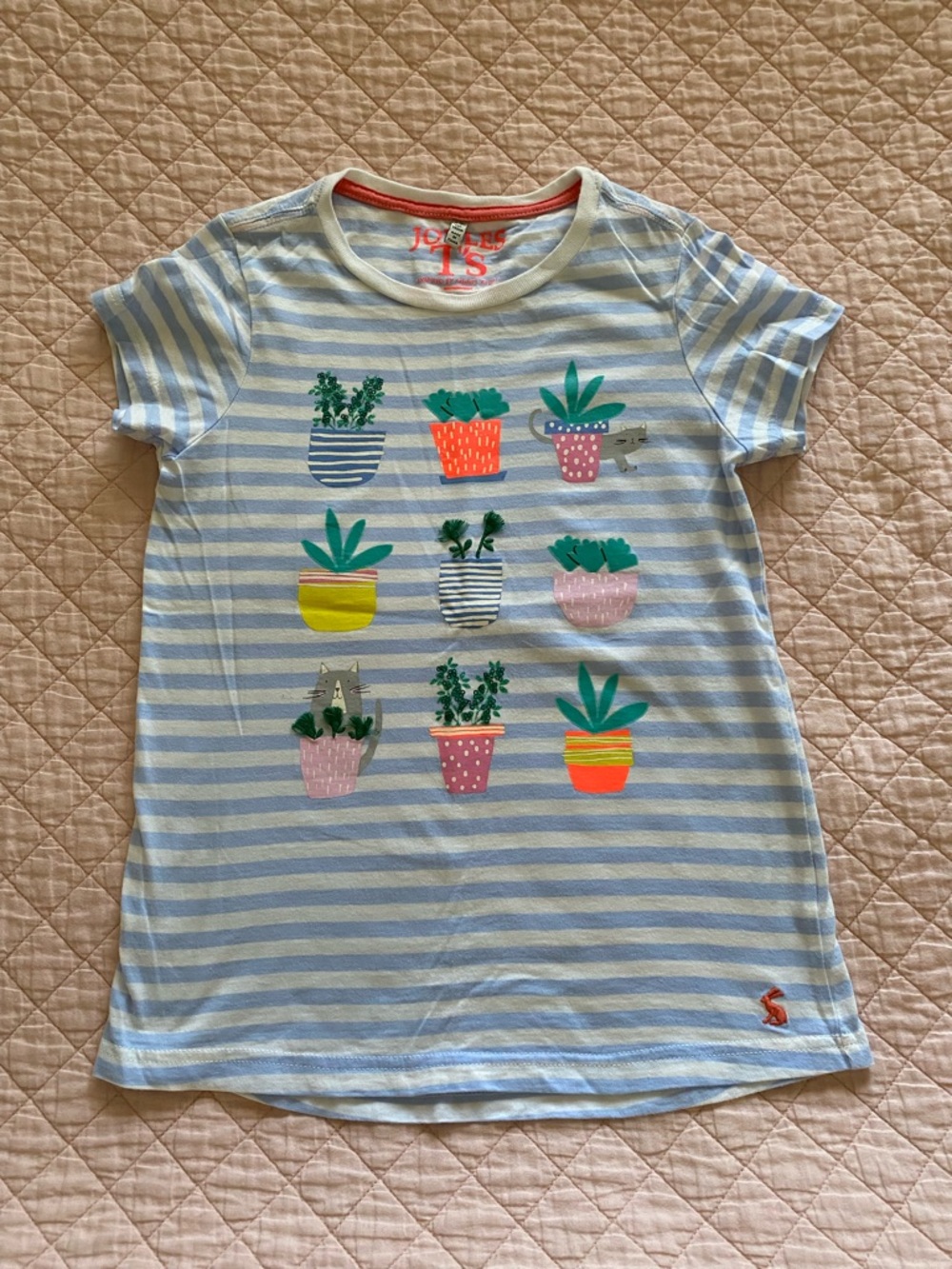 Joules Girls' Light Blue Striped Plant Print Tee